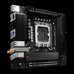 ASRock B860I Challenger WiFi preta, vista angular: socket LGA, dissipador VRM, portas I/O traseiras e conectores de antena