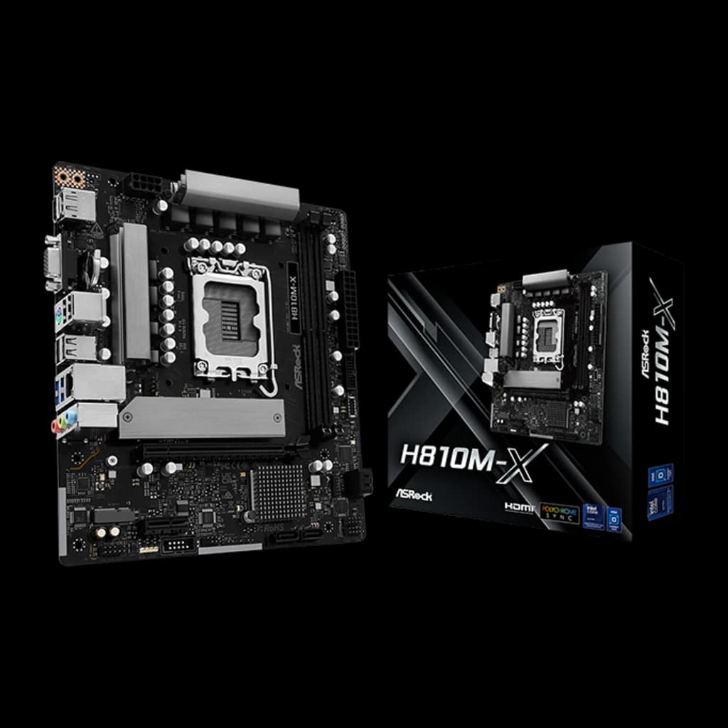 ASRock B860 Challenger WiFi 256GB, vista secundária: placa-mãe preta e cinza ao lado da caixa do produto em fundo escuro