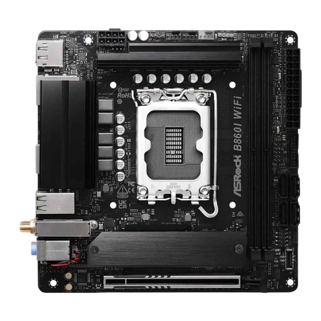 ASRock B860I Challenger WiFi preta, vista angular: socket LGA, dissipador VRM, portas I/O traseiras e conectores de antena - Item1