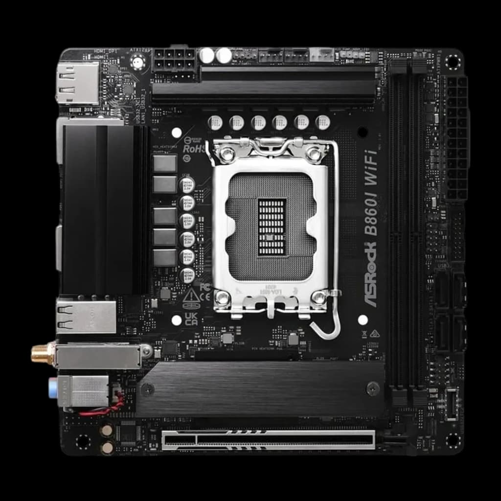 ASRock B860I Challenger WiFi preta, vista frontal: socket LGA, dissipadores VRM, slot PCIe e portas I/O traseiras