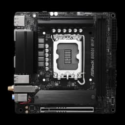 ASRock B860I Challenger WiFi preta, vista frontal: socket LGA, dissipadores VRM, slot PCIe e portas I/O traseiras