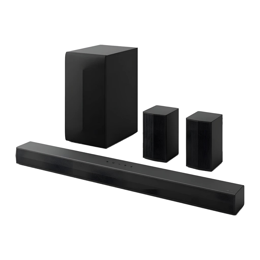 LG Barre de son S60TR Noir, vue de face: barre centrale, caisson de basses à gauche et deux enceintes arrière à droite - Ítem3