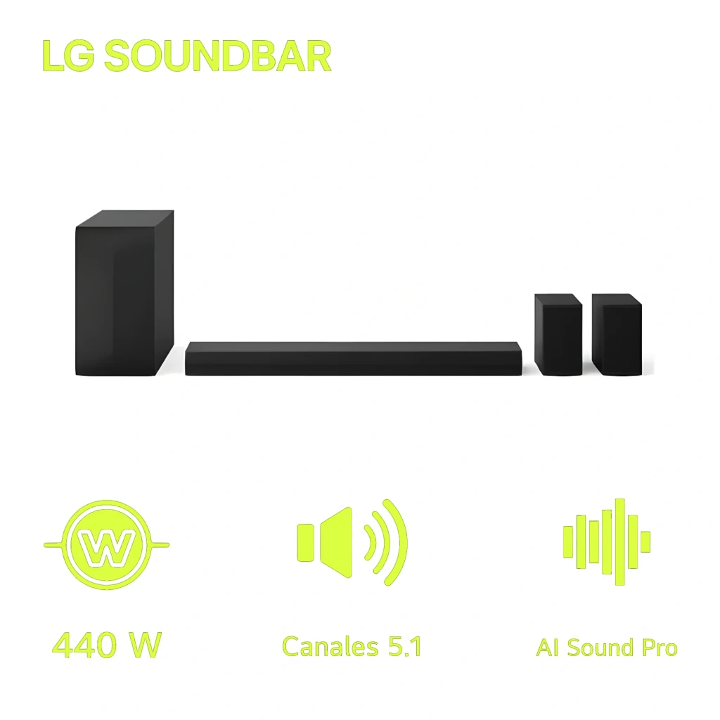 LG Barre de son S60TR Noir, vue de face: barre centrale, caisson de basses à gauche et deux enceintes arrière à droite - Ítem1