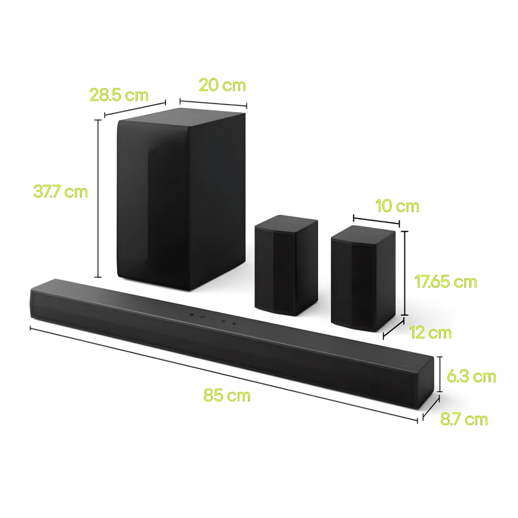 LG Barre de son S60TR Noir, vue de face: barre centrale, caisson de basses à gauche et deux enceintes arrière à droite - Ítem2