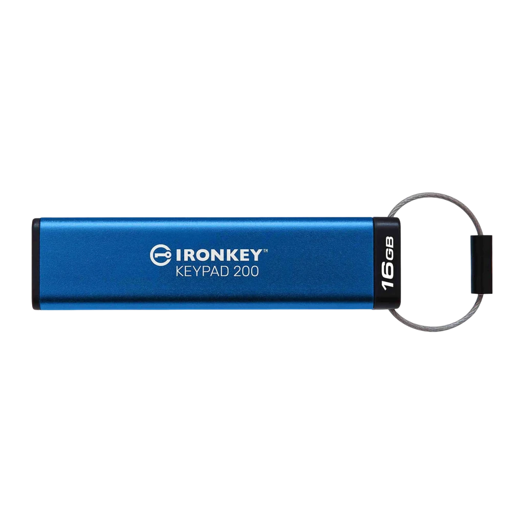 Kingston IronKey Keypad 200 16GB Azul, vista frontal: teclado numérico, conector USB-A y llavero metálico visibles - Ítem1