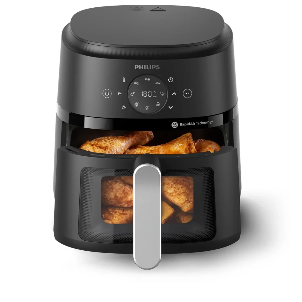 Philips Airfryer 2000 Series NA221/00 4,2L Negro Plata, vista frontal: panel táctil con 9 programas, ventana y asa plateada - Ítem1