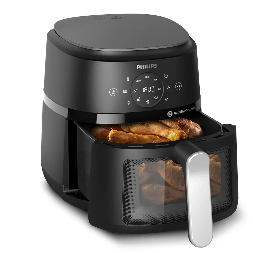 Philips Airfryer 2000 Series NA221/00 4,2L Negro Plata, vista frontal: panel táctil con 9 programas, ventana y asa plateada - Ítem2
