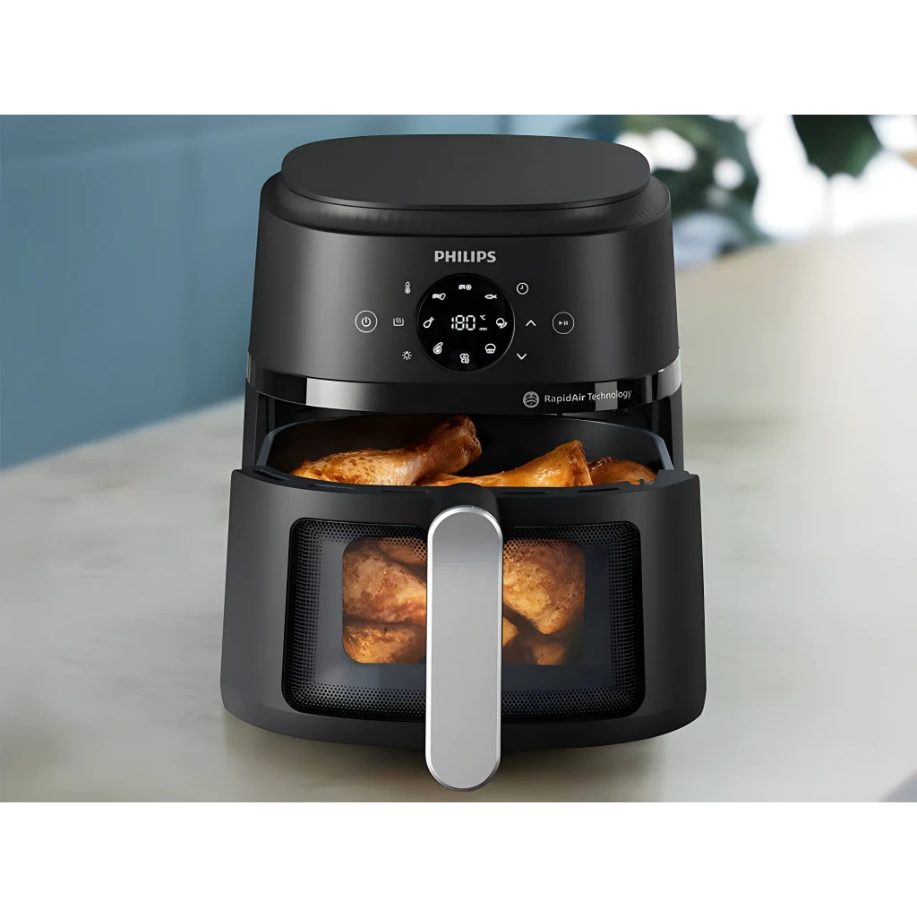Philips Airfryer 2000 Series NA221/00 4,2L Negro Plata, vista frontal: panel táctil con 9 programas, ventana y asa plateada - Ítem4