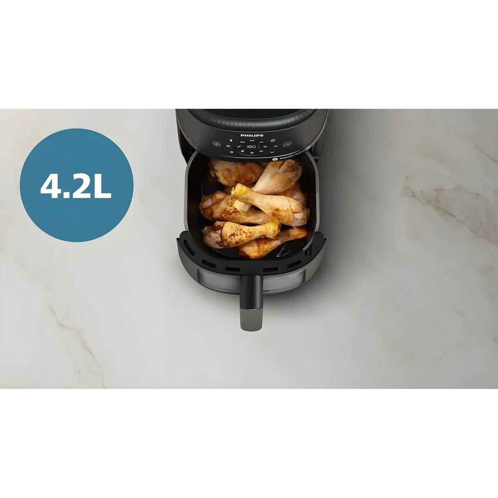 Philips Airfryer 2000 Series NA221/00 4,2L Negro Plata, vista frontal: panel táctil con 9 programas, ventana y asa plateada - Ítem6