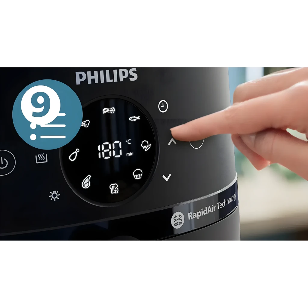 Philips Airfryer 2000 Series NA221/00 4,2L Negro Plata, vista frontal: panel táctil con 9 programas, ventana y asa plateada - Ítem7
