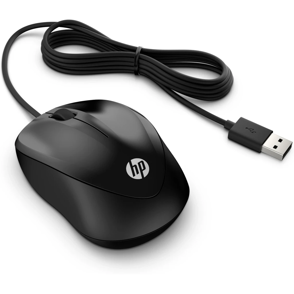 HP Wired Mouse 1000 preto, vista superior: dois botões, roda de scroll central e logótipo HP prateado - Item3