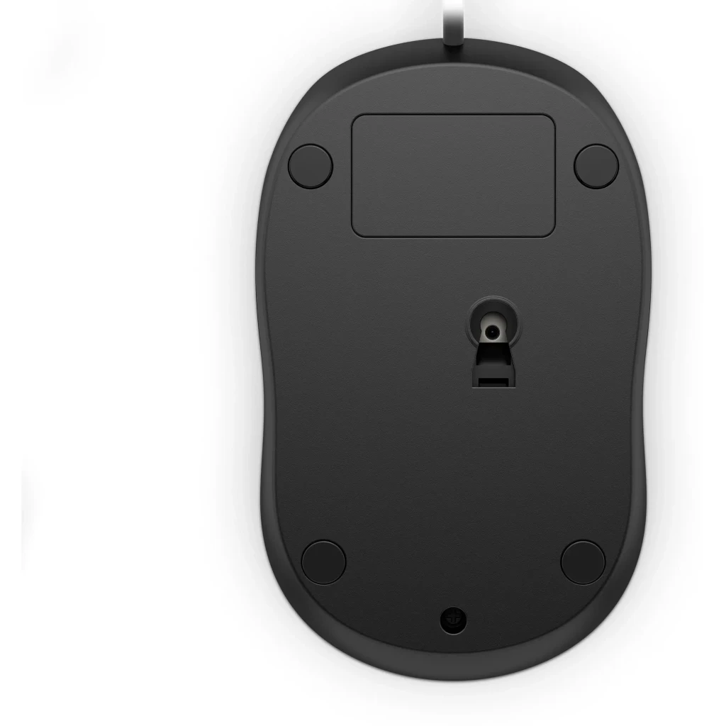 HP Wired Mouse 1000 preto, vista superior: dois botões, roda de scroll central e logótipo HP prateado - Item1