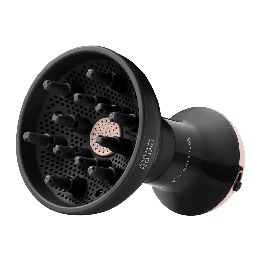 Bellissima Diffon Ion Ceramic 700W preto, vista frontal: corpo ergonómico preto com detalhes dourado-rosé, seletor de - Item1