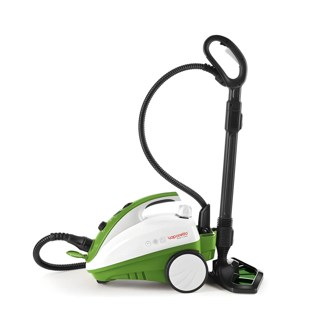 Polti Vaporetto Smart 35 Mop preto, vista lateral: base verde e branca com mangueira flexível e cabeça de mopa preta - Item2