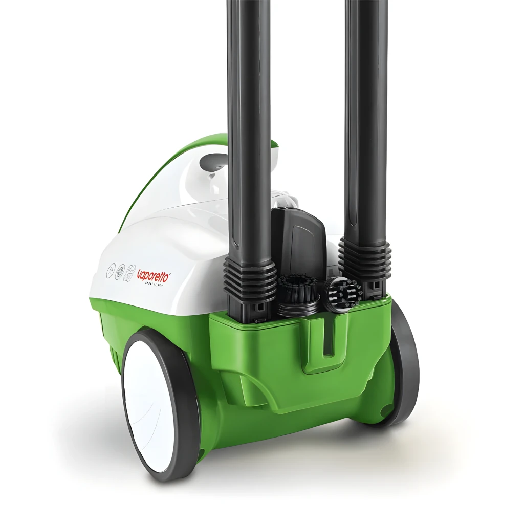 Polti Vaporetto Smart 35 Mop preto, vista lateral: base verde e branca com mangueira flexível e cabeça de mopa preta - Item4