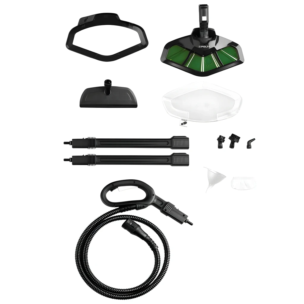 Polti Vaporetto Smart 35 Mop preto, vista lateral: base verde e branca com mangueira flexível e cabeça de mopa preta - Item7