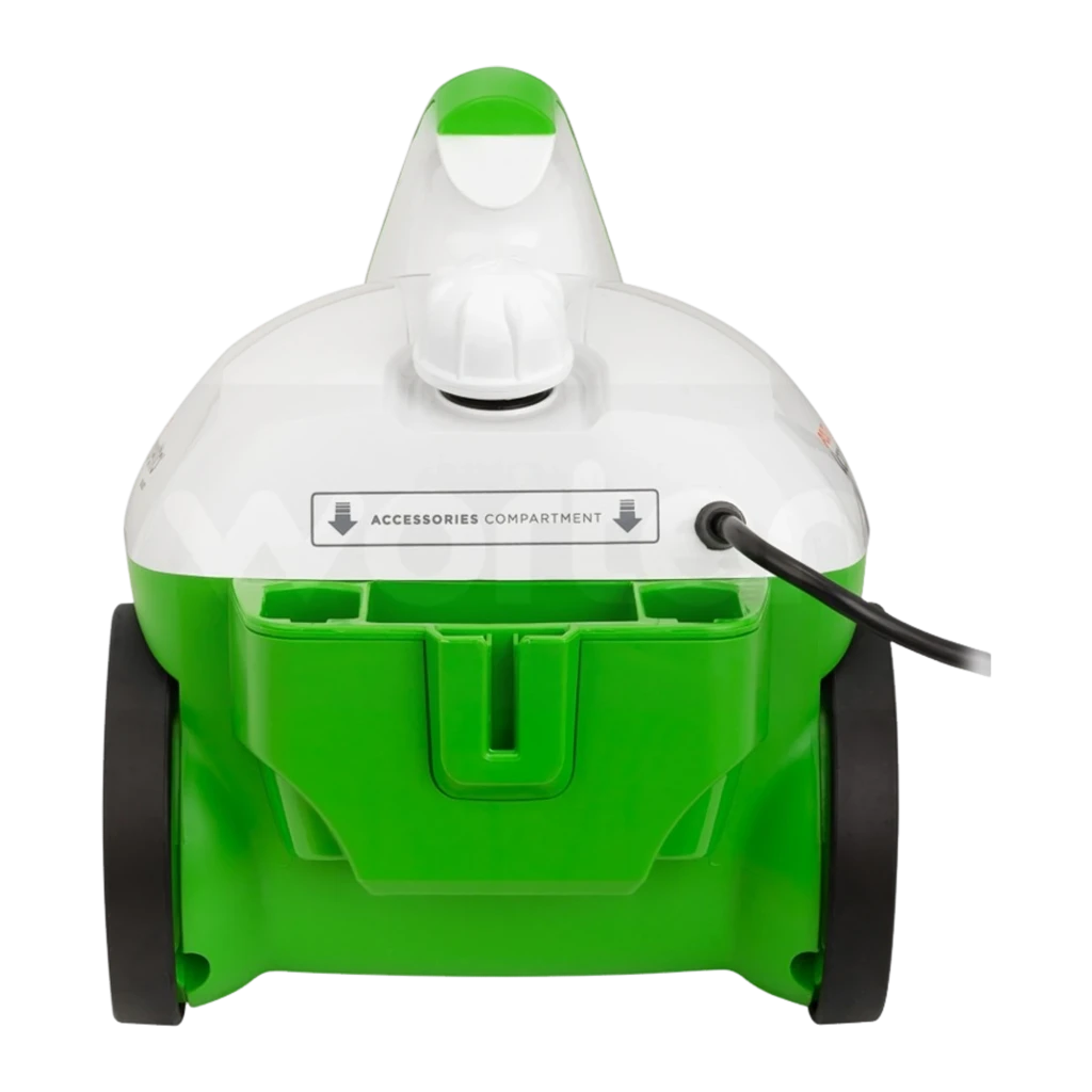 Polti Vaporetto Smart 35 Mop preto, vista lateral: base verde e branca com mangueira flexível e cabeça de mopa preta - Item3