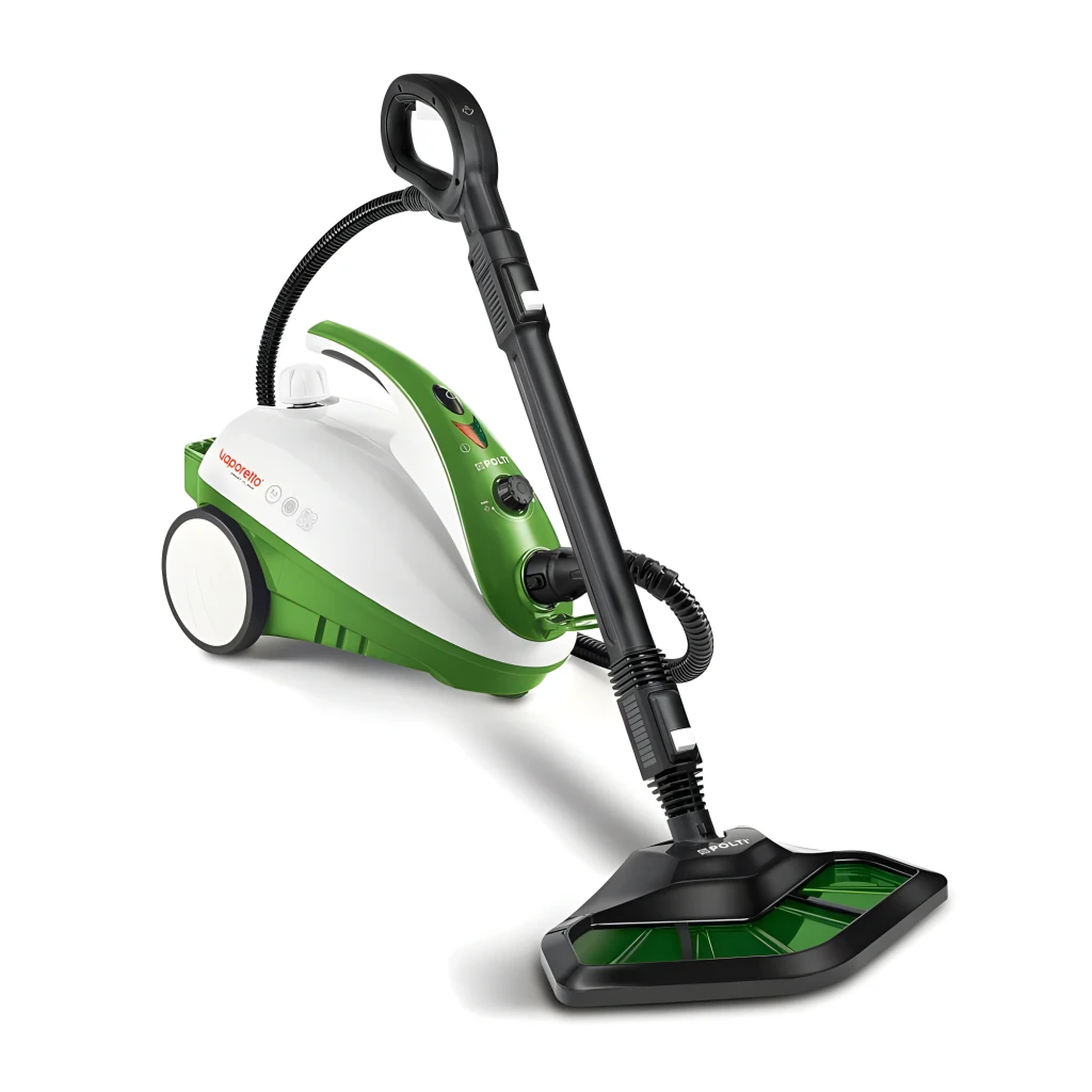 Polti Vaporetto Smart 35 Mop preto, vista lateral: base verde e branca com mangueira flexível e cabeça de mopa preta - Item1