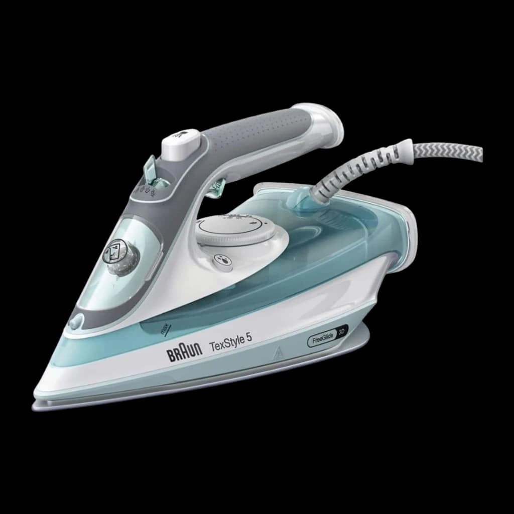Braun TexStyle 3 SI5017GR branco, vista lateral em perspectiva: sola FreeGlide, botão de vapor e cabo trançado visíveis