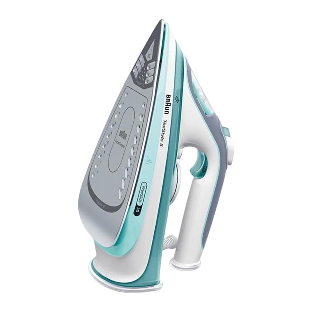 Braun TexStyle 3 SI5017GR blanco, vista lateral en perspectiva: suela FreeGlide, mando de vapor y cable trenzado visibles - Ítem1