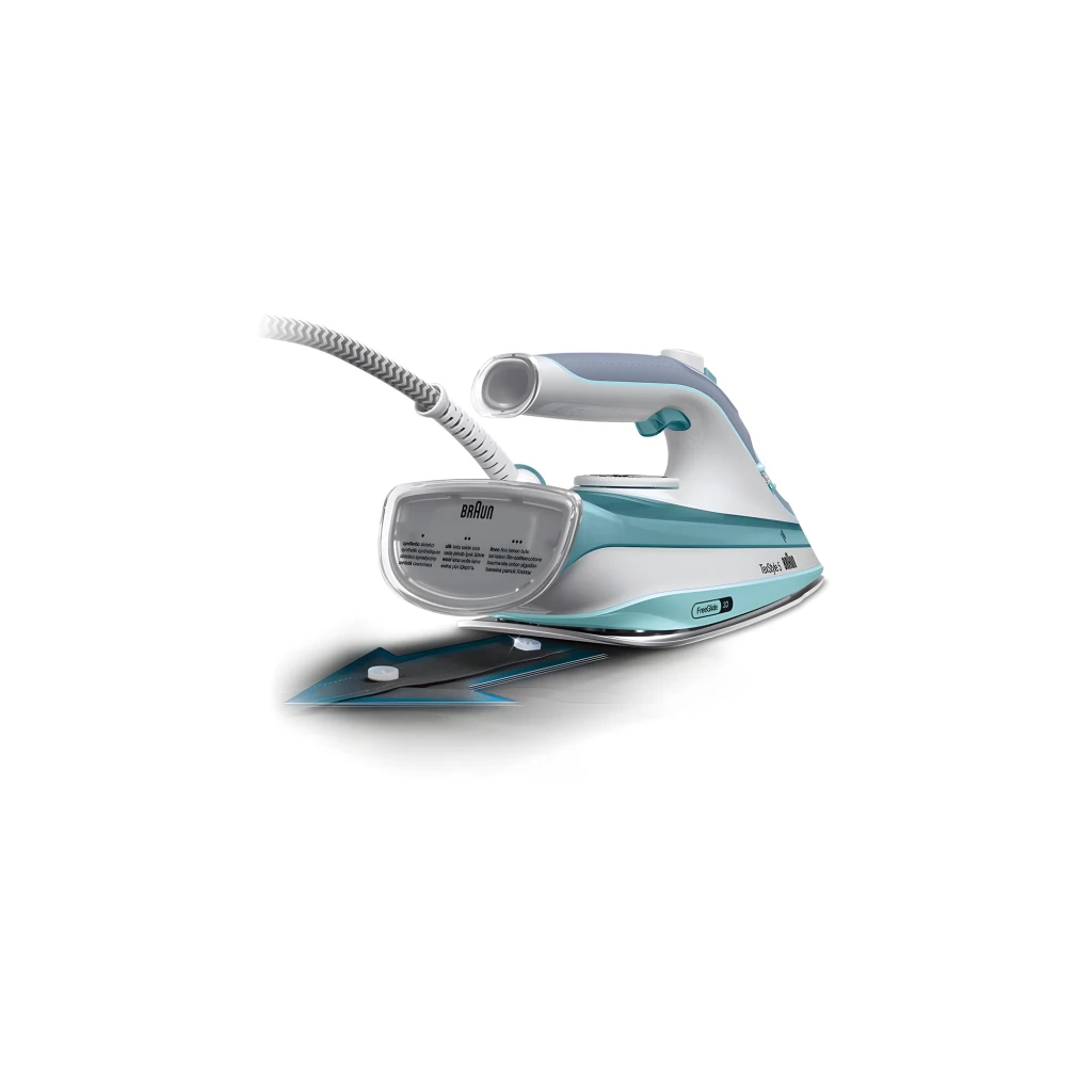 Braun TexStyle 3 SI5017GR blanco, vista lateral en perspectiva: suela FreeGlide, mando de vapor y cable trenzado visibles - Ítem2
