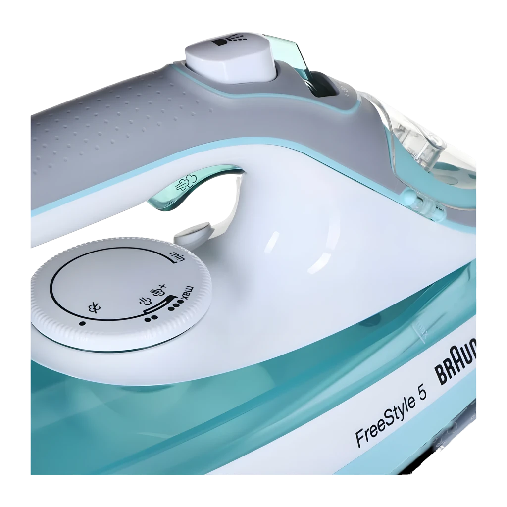 Braun TexStyle 3 SI5017GR blanco, vista lateral en perspectiva: suela FreeGlide, mando de vapor y cable trenzado visibles - Ítem3