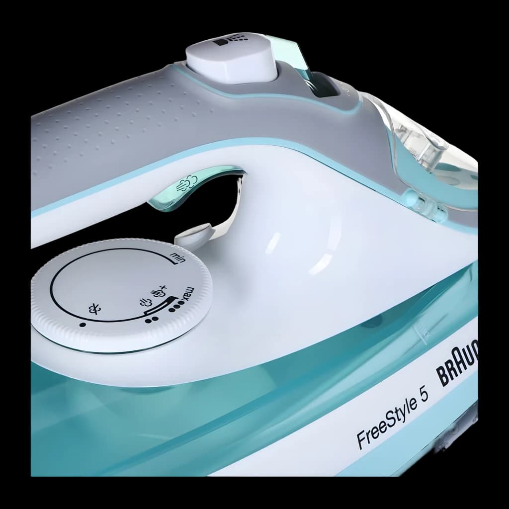 Braun TexStyle 3 SI5017GR branco, detalhe superior: seletor de temperatura circular e botão de vapor turquesa
