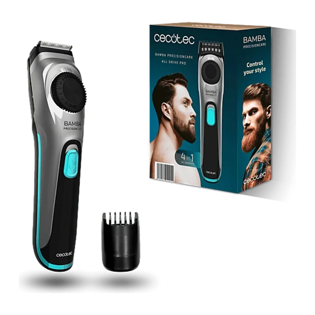 Cecotec Bamba PrecisionCare AllDrive Pro preto, vista frontal: corpo prateado e preto, botão turquesa e dial regulador - Item4