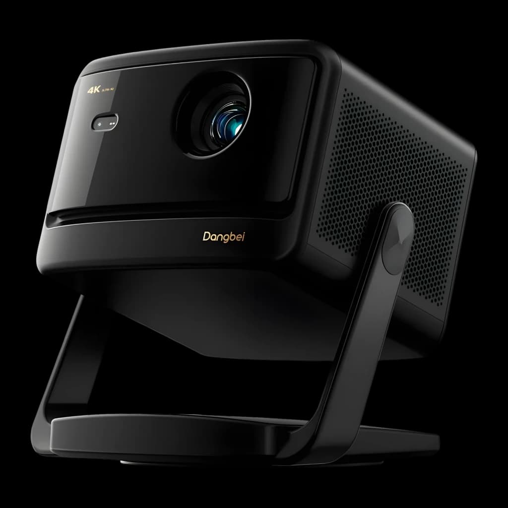 Dangbei DBOX02 Pro 4K 32GB preto, vista frontal lateral: lente central, grade do altifalante e suporte articulado