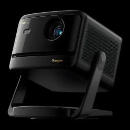 Dangbei DBOX02 Pro 4K 32GB preto, vista frontal lateral: lente central, grade do altifalante e suporte articulado