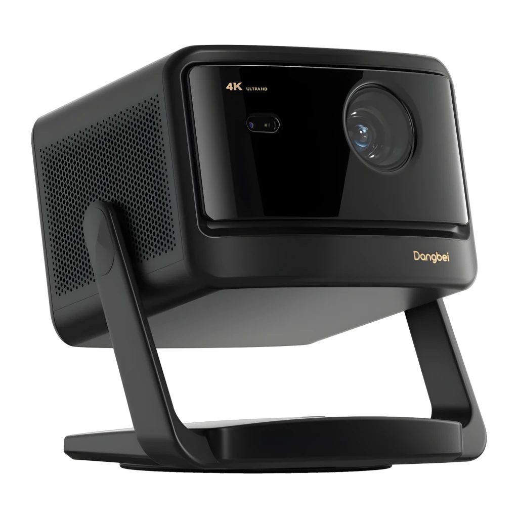Dangbei DBOX02 Pro 4K 32GB preto, vista frontal lateral: lente central, grade do altifalante e suporte articulado - Item3