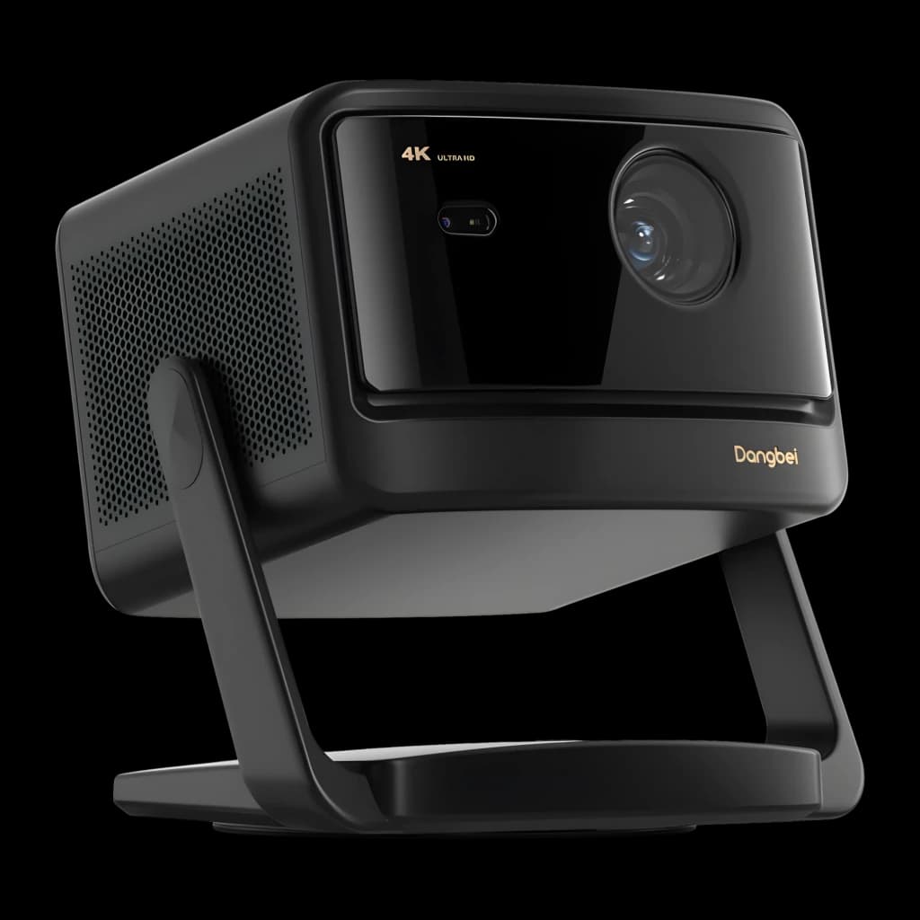 Dangbei DBOX02 Pro 4K 32GB preto, vista frontal em ângulo: lente, grelha de ventilação e suporte ajustável