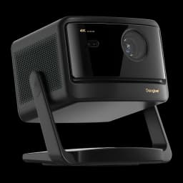 Dangbei DBOX02 Pro 4K 32GB preto, vista frontal em ângulo: lente, grelha de ventilação e suporte ajustável