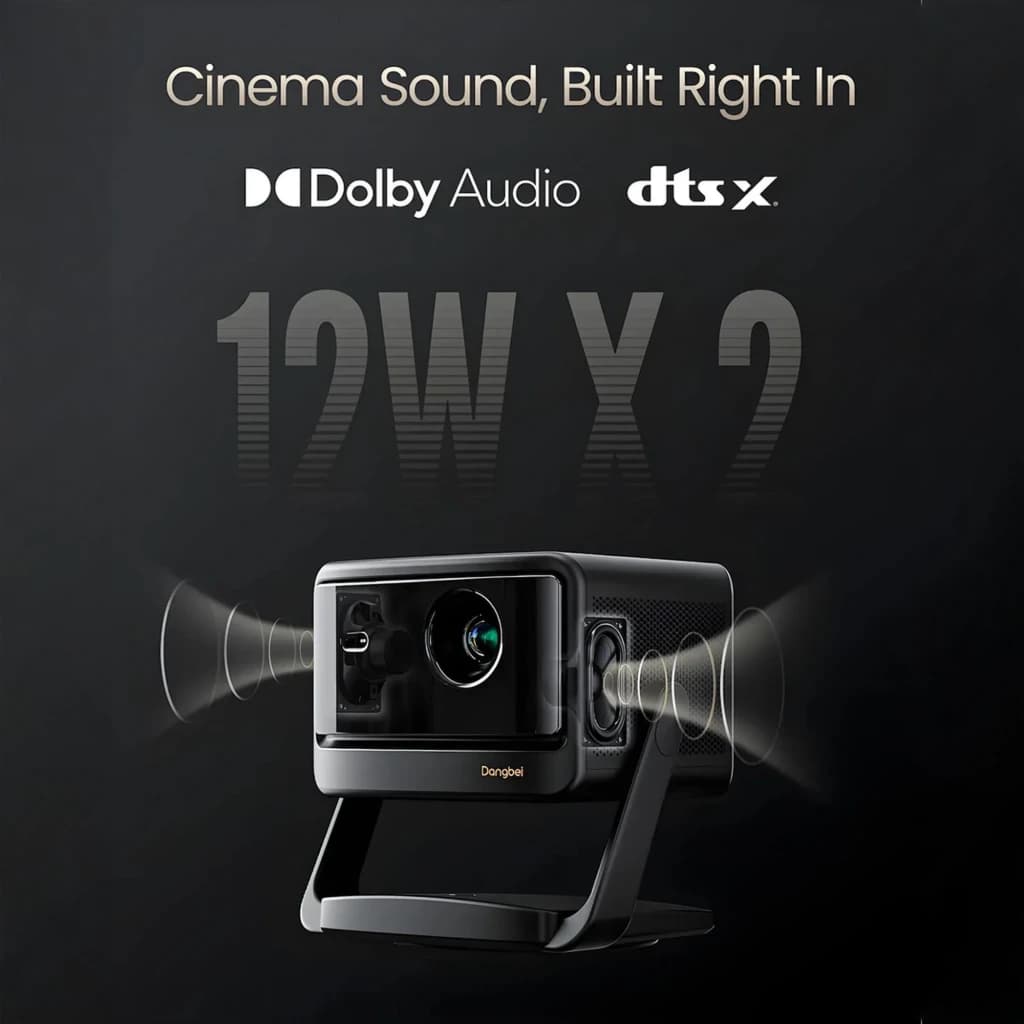 Dangbei DBOX02 Pro 4K 32GB preto, vista frontal-lateral: altifalantes 12Wx2 com Dolby Audio e DTS:X integrados