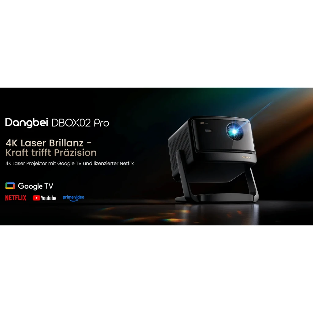 Dangbei DBOX02 Pro 4K 32GB preto, vista frontal lateral: lente central, grade do altifalante e suporte articulado - Item6