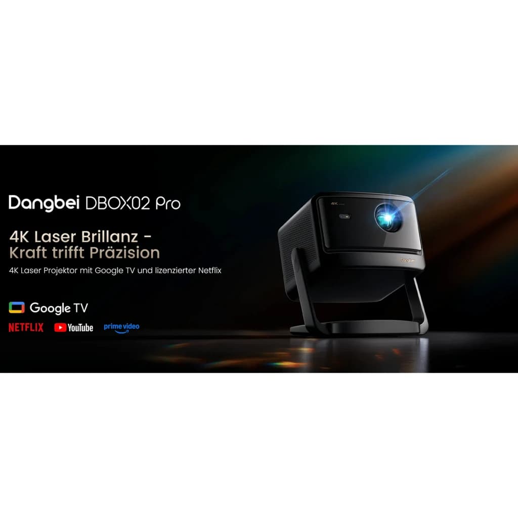 Dangbei DBOX02 Pro 4K 32GB preto, vista lateral: projetor emitindo feixe laser azul com logos Google TV e Netflix
