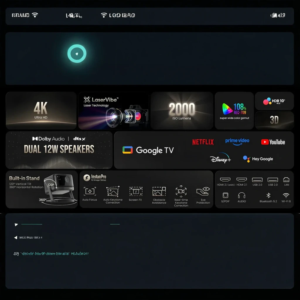 Dangbei DBOX02 Pro 4K 32GB preto, vista frontal lateral: lente central, grade do altifalante e suporte articulado - Item4
