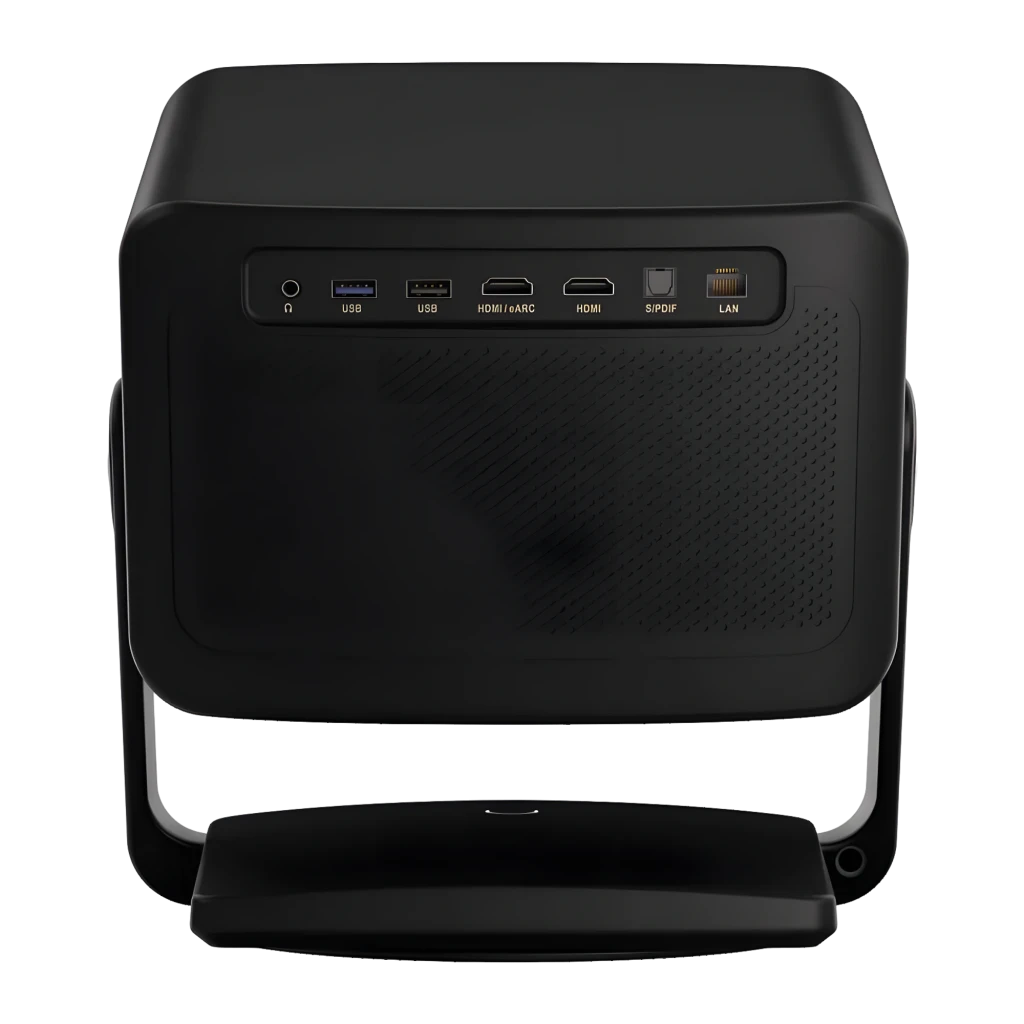 Dangbei DBOX02 Pro 4K 32GB preto, vista frontal lateral: lente central, grade do altifalante e suporte articulado - Item1