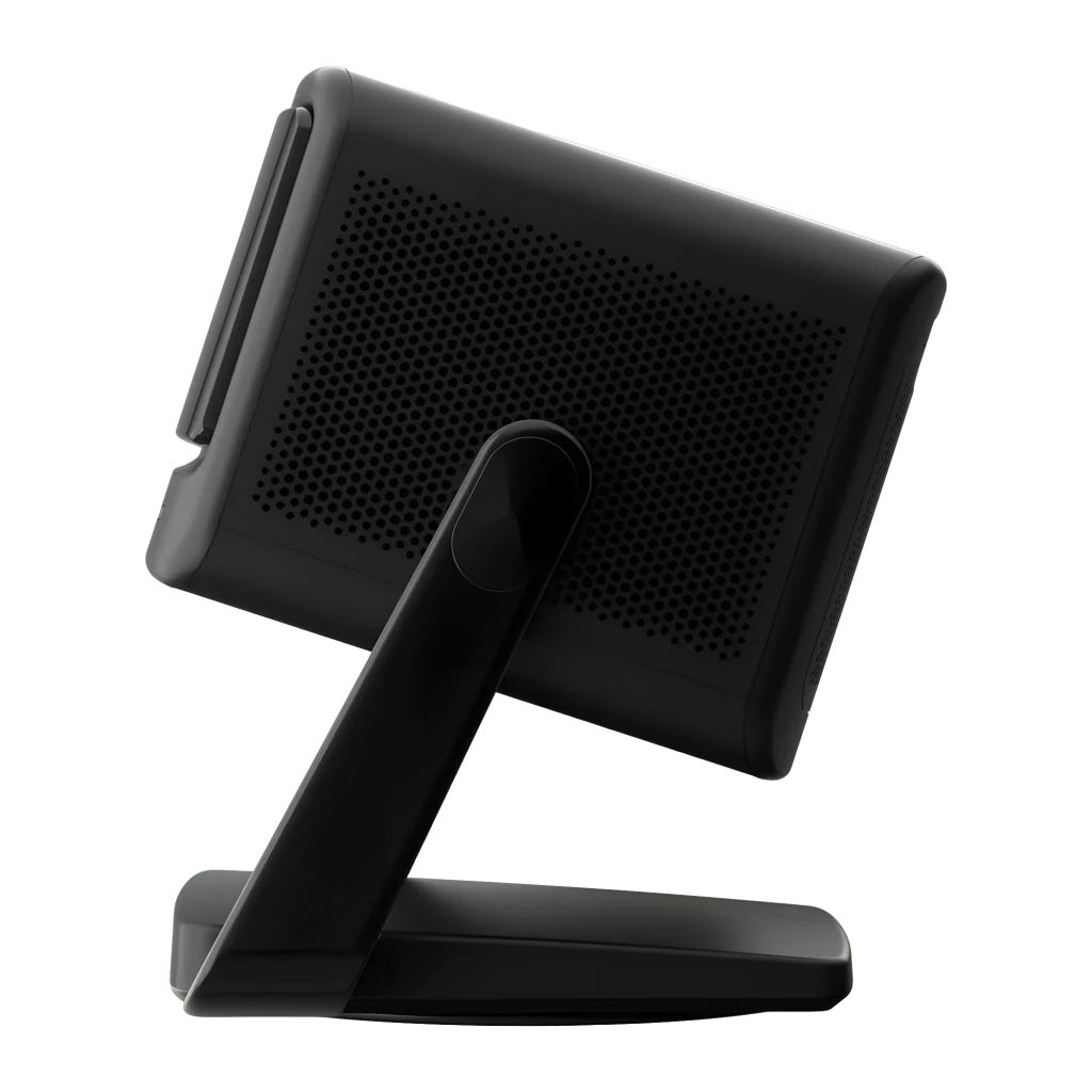 Dangbei DBOX02 Pro 4K 32GB preto, vista frontal lateral: lente central, grade do altifalante e suporte articulado - Item2