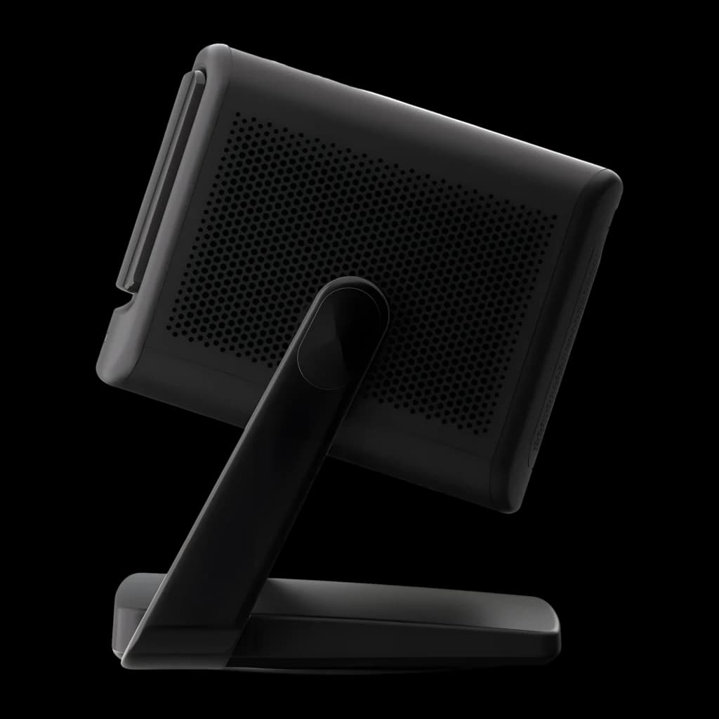 Dangbei DBOX02 Pro 4K 32GB preto, vista traseira: grelha de ventilação e suporte inclinado
