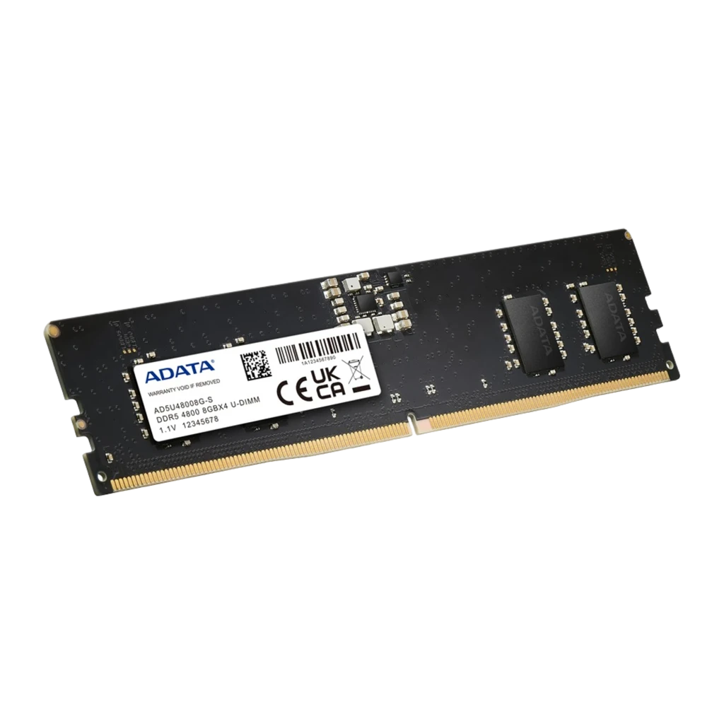 ADATA AD5U48008G-S 8GB DDR5 4800MHz DIMM, vista frontal: PCB preto com etiqueta, chips e contatos dourados - Item1