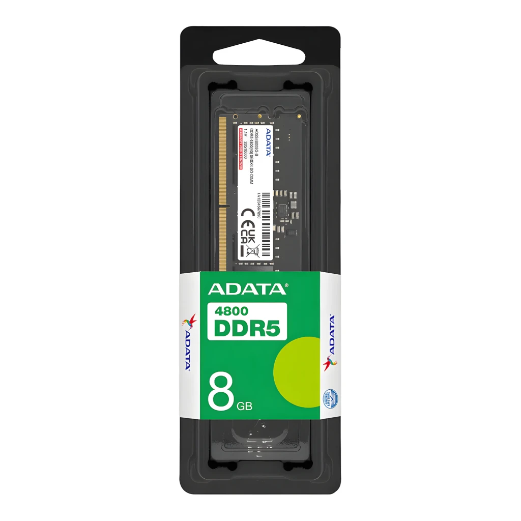 ADATA AD5U48008G-S 8GB DDR5 4800MHz DIMM, vista frontal: PCB preto com etiqueta, chips e contatos dourados - Item4
