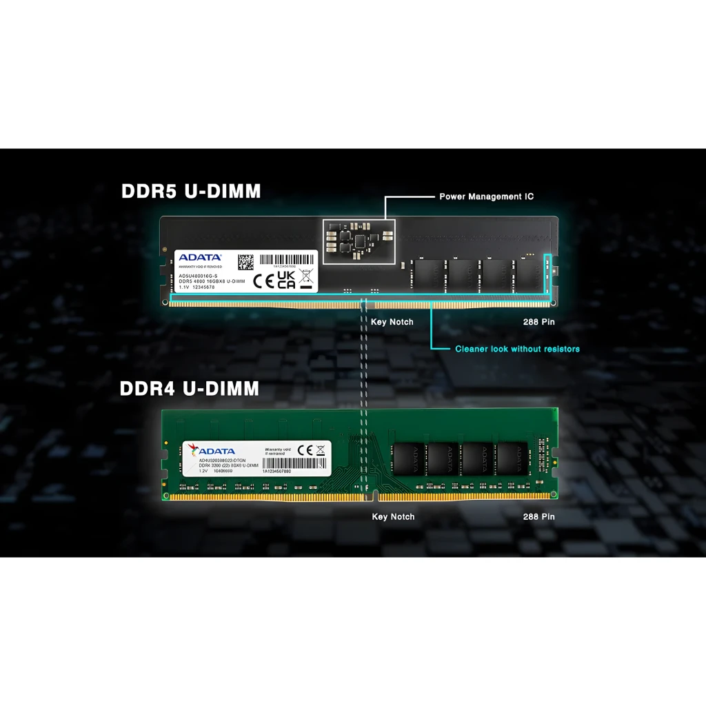 ADATA AD5U48008G-S 8GB DDR5 4800MHz DIMM, vista frontal: PCB preto com etiqueta, chips e contatos dourados - Item2