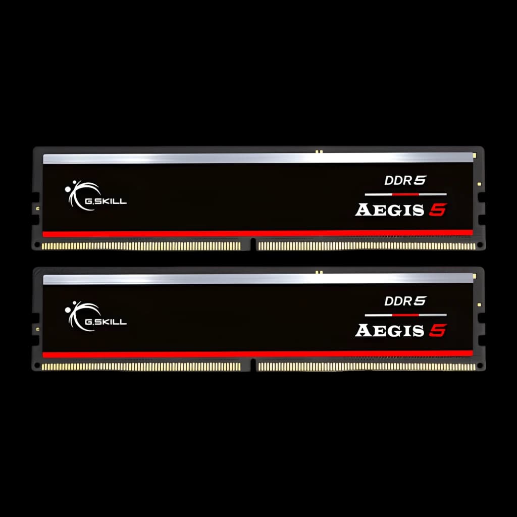 G.Skill Aegis 5 DDR5 64GB preto, vista frontal: dois módulos RAM com faixa vermelha e logo DDR5 Aegis 5