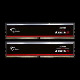 G.Skill Aegis 5 DDR5 64GB preto, vista frontal: dois módulos RAM com faixa vermelha e logo DDR5 Aegis 5