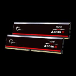 G.Skill Aegis 5 DDR5 64GB Preto, vista lateral em ângulo: dois módulos RAM escalonados com conectores dourados e perfil fino