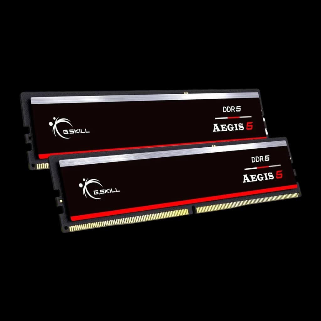 G.Skill Aegis 5 DDR5 64GB Preto, vista frontal em ângulo: dois módulos RAM sobrepostos, faixa vermelha e logo G.Skill