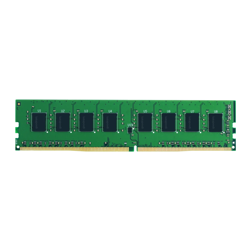 GoodRam DDR4 3200 MHz 8GB, vue de face en blister: module DIMM vert avec puces et étiquette bleue Goodram - Ítem1