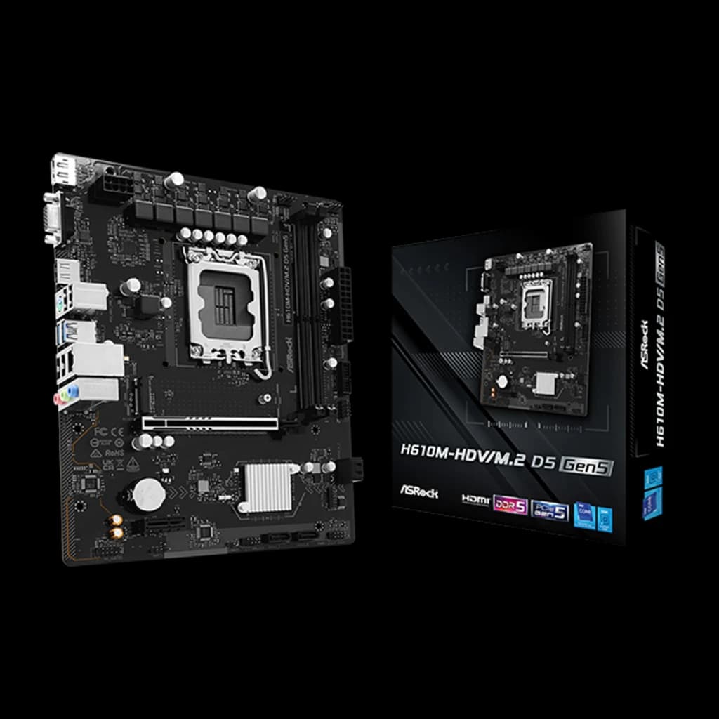 ASRock H610M-HDV/M.2 D5 Gen5 128GB, vue avec boîte: carte mère Micro ATX noire avec sa boîte de vente