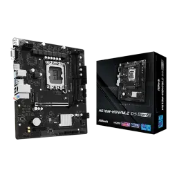 ASRock H610M-HDV/M.2 D5 Gen5 128GB, vue avec boîte: carte mère Micro ATX noire avec sa boîte de vente